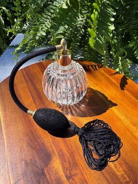 Vintage I.W. Rice Crystal Perfume Atomizer, Ribbed Glass with Black Tassel Pump